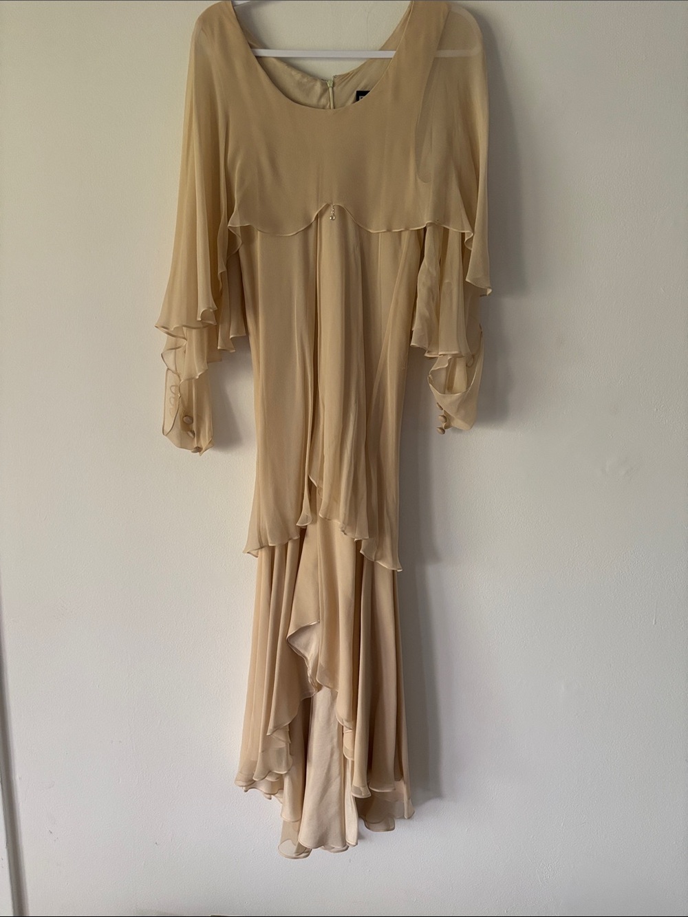 Vintage Ivory-Tan Cascading Ruffle High-Low Women’s Dress 10